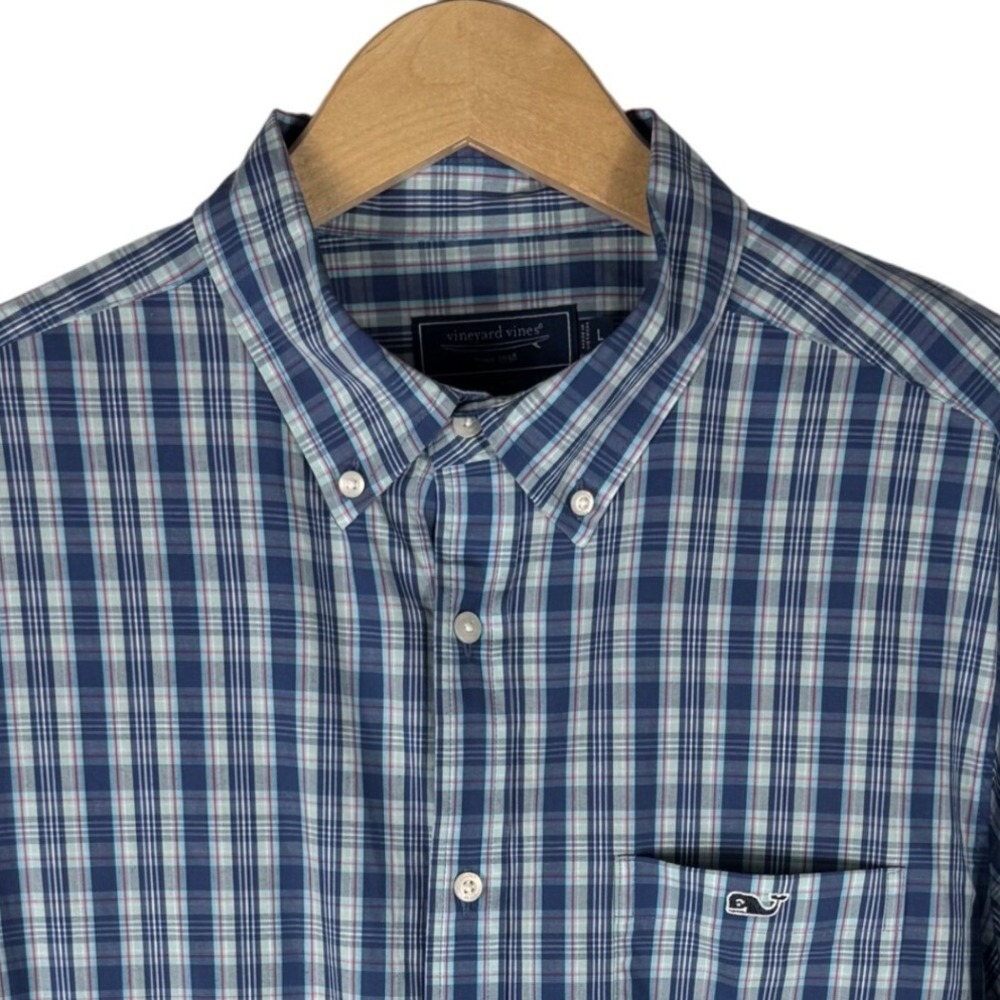 Vineyard Vines Plaid Long Sleeve Stretch Button Down Shirt Mens L Blue